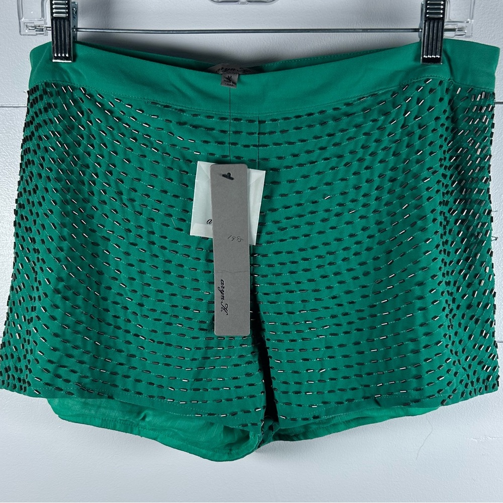 Aryn K Green beaded shorts wavelike silver tubebeads VTG style BohoChic NightOut